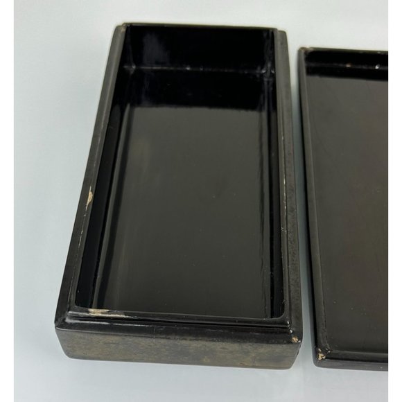 Vintage Oriental Black Lacquer Iridescent Mother Pearl Inlay Lidded Trinket Box - Picture 15 of 16